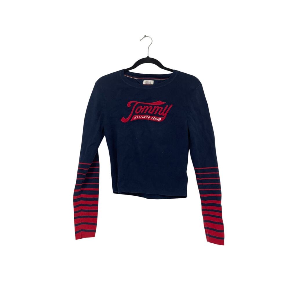 Tommy Hilfiger Denim Long Sleeve Crop Sweater Womens Size L Navy Blue Striped